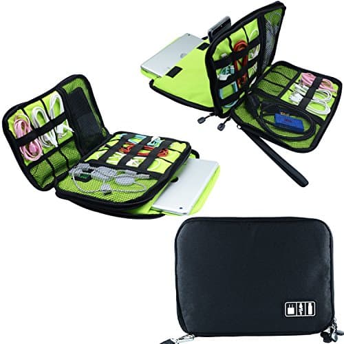 PBNICE Double Layer Travel Gear Organizer For Electronic Accessories Storage Bag Various Slots For USB/Cellphone/Chargers/ Cables/Hard Drive Case/USB Cable Organizer Bag (Black-Green)