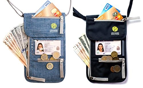 Passport Holder by Organizer Solution, Travel Wallet with Rfid, Neck Pouch (set 2 pack, Black+Blue Denim)