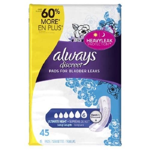 Always Discreet, Incontinence Pads, Ultimate Overnight, Long Length, 45 Count (3 pack (45 Count))