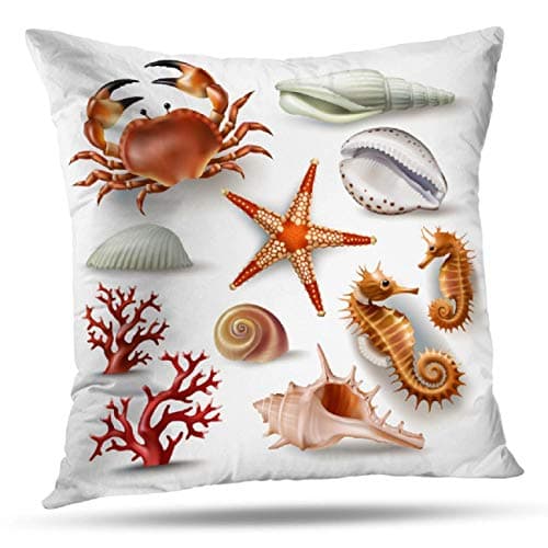 Deronge Crab Decorative Pillow Covers, Throw Pillow Case Badges Stickers Seashells Various and Coral Crab Starfish18 x18 Throw Pillow Covers,Home Decor Couch Sofa Cushion Covers Cotton