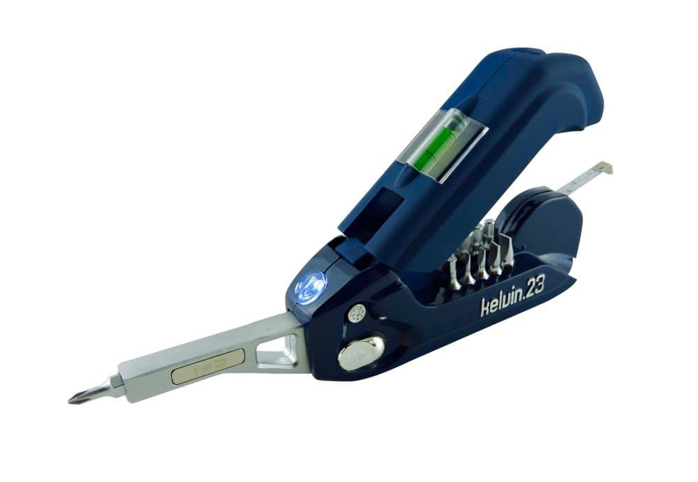 Kelvin Tools, Multi-Tool Set, 23 Integrated Tools; 16 Bit Screwdriver Set, Tape Measure, Level, and Hammer-Navy