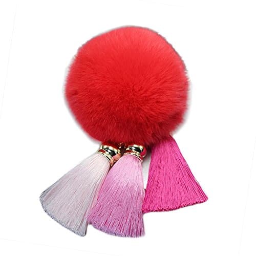 Rabbit Fur Pom Pom Keychain with Rainbow Tassel Keychain
