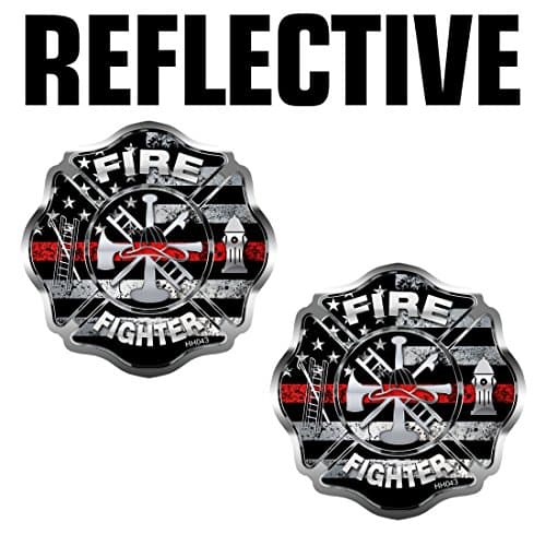 REFLECTIVE Firefighter"Thin Red line" Cross Hard Hat Stickers - 2 Pack #HH043-REF USA Helmet Vinyl Decal Tool box Fire Fighter Memorial