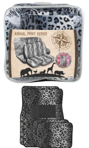 Universal Fit Automotive Gift Set Two Lowback Front Seat Covers, One Rear Bench Seat Cover, One Steering Wheel Cover, Two Shoulder Pads, and Four Floor Mats - Snow Leopard