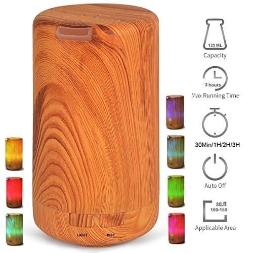 Essential Oil Diffuser Aroma Therapy 125ML Mini USB Wood Grain Ultrasonic Humidifier Timing(30Min/1H/2H/3H/Turn off ) Waterless Auto Shut-off with 7 Color Light Changing for Home Office Baby Yoga Spa