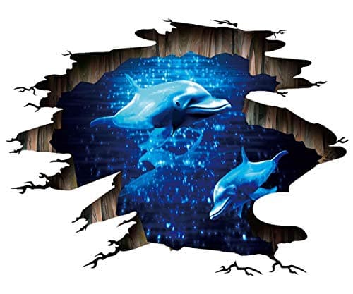 CNUSER 3D Floor Wall Stickers, Blue Sea Dolphins Peel and Stick Decals,Ocean Wonders Removable Wall Art Mural Decoration