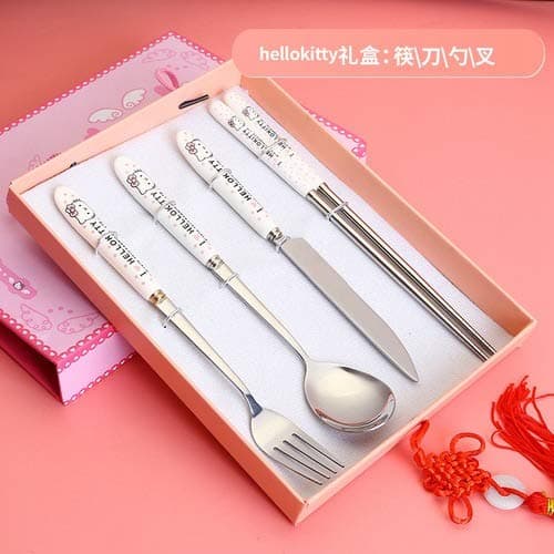 Fashion Tableware Cutlery Cookware Hello Kitty Fork Spoon Knife Set Cartoon Portable Gifts Stainless Steel Dinnerwear Sets (Color : 1)