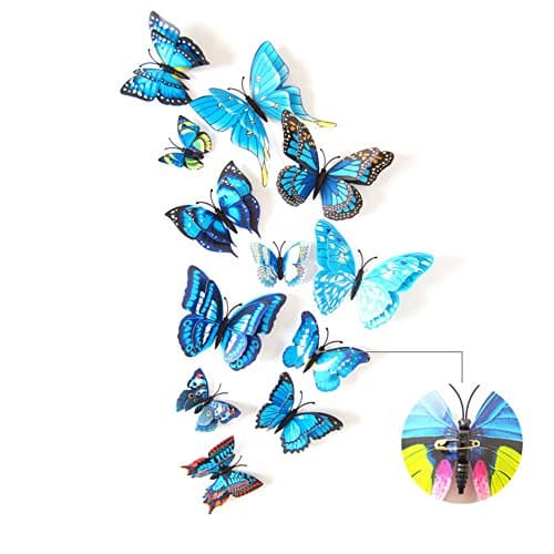 2017 The Latest Upgrade 3D Double-Deck Butterfly Wall Stickers Decor Art Decorations With Magnet、Sponge Gum And Pin 12 Pack (Blue-Pin)