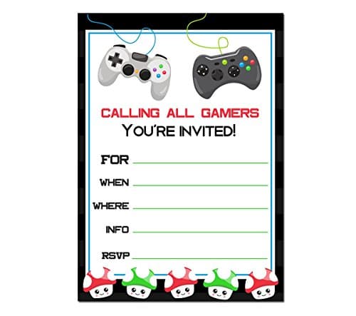Video game party invitations 10 ct - 5x7" invites for A7 envelopes - Thick 215 gsm, 300 DPI, 98 bright prints - Made in the USA