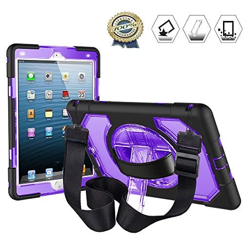Lightweight iPad 9.7 2017 2018 Case with 360 Degree Rotary Kickstand, Leather Hand Strap, Shoulder Strap, Hybrid Full Body Rugged Protective Case for iPad 9.7 5th/6th Gen (Clear Purple)