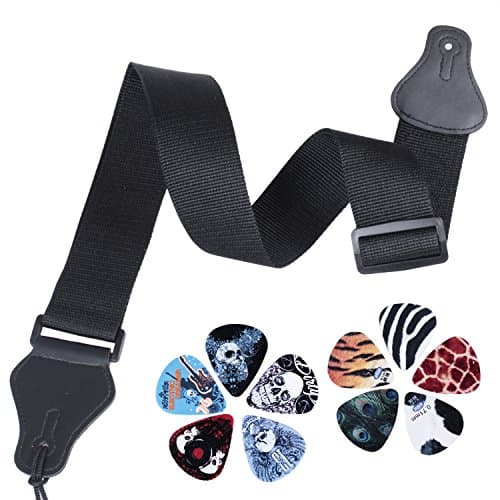 Guitar Strap with Leather Ends and 10pcs Guitar Picks for Electric/Acoustic Guitar