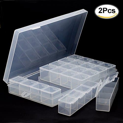 2 Pack Diamond Painting Embroidery Box, 28 Grids Removable Clear Plastic Storage Box, DIY Craft Accessories Nail Art Tips Rhinestones Display Box, Jewelry Display Case Storage Organizer