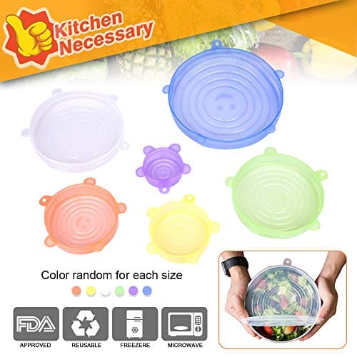 Silicone Stretch Lids,6-Pack of Various Sizes cling wraps.Food Grade Silicone,Can Be Heated,More Safe.Reusable Durable and Expandable Bowl Covers to Keep Food Fresh