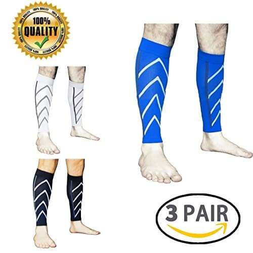 LJ Sport Calf Compression Leg Sleeves Leg Cramp Compression Support Sleeve Fit for Running Jogging Cycling Fitness Exercise Enhanced Performance for Men and Women (Black+White+Blue)