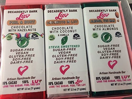 LUV 80% Dark Chocolate Premium Sampler Box - Sugar-Free, 6 bars - Vegan, Gluten-Free, All-Natural, Non-GMO