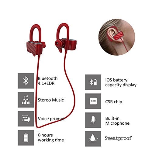 EBAT Bluetooth Wireless Sport Headphones with Mic Sweatproof for Running Gifts for Women Girl (Red)