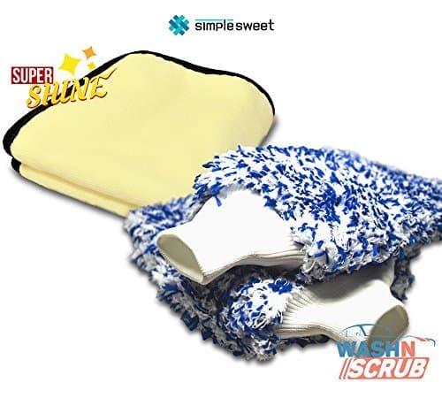 (2PK with Bonus) Microfiber Car Wash Large Cleaning Mitt, Premium Korean Yarn, Different from Chemical Guys / Mothers / Meguiars Chenille Lambswool Washing Sponge Glove for Car, SimpleSweet Wash Scrub
