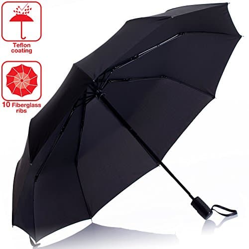 Umbrella Windproof Travel Waterproof Durable - Black Unbreakable Auto Compact Folding Teflon Portable Heavy Duty 10 Ribs