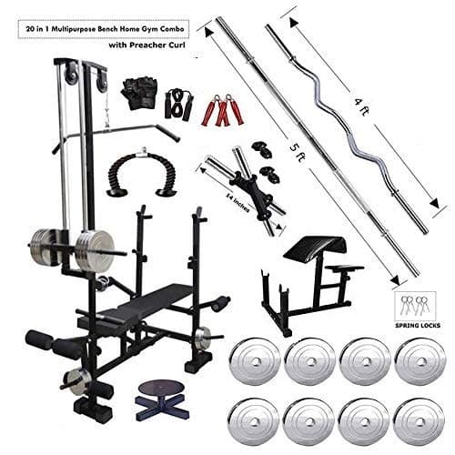 FIT KART 20 in 1 Flat Bench with Preacher curl Added tricape Rope with 60 kg Home Gym equipments, Steel , Multicolor