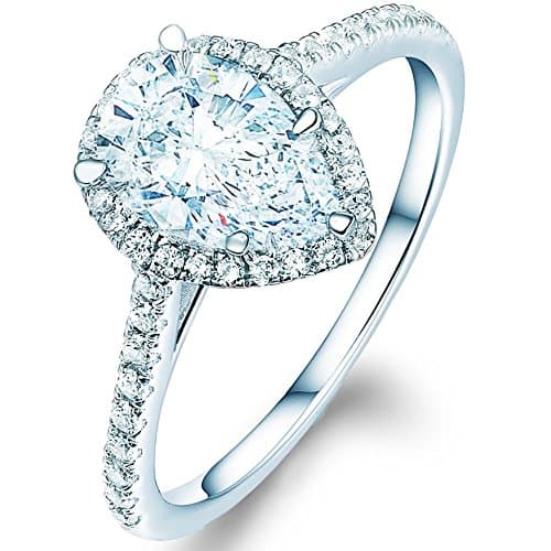 1/2Ct 14k White Gold Enhanced Diamond(VS) Pear Shape Halo Engagement Rings for Women Wedding Anniversary (D Color, VVS1 Clarity) - All Sizes Available, Size - 5