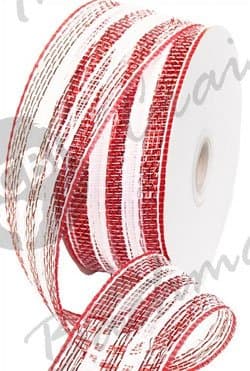 Deco Poly Mesh Ribbon - Metallic Red and White Striped 2.5 Inch Wide