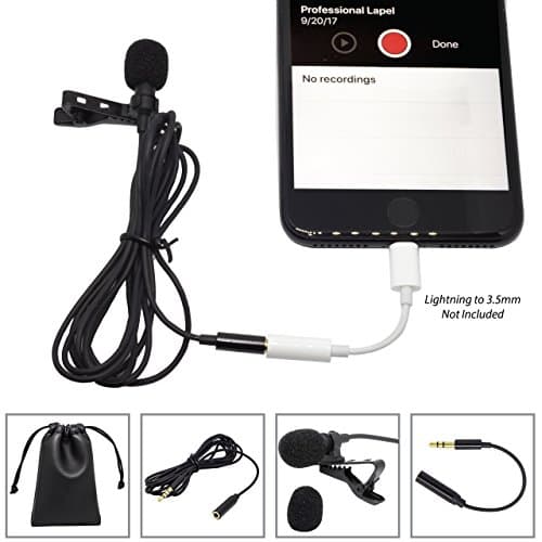 Professional Omnidirectional Noise Cancelling Lavalier Lapel Microphone 5 Pack Kit | Adaptor, Long Wired Extension, Extra Windscreen | Compatible – iPhone 7, 8, X, Plus/DSLR/PC