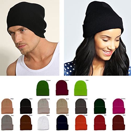 Mens Womens Plain Beanie Hat Knit Ski Cap Warm Solid Color Winter Cuff Blank New