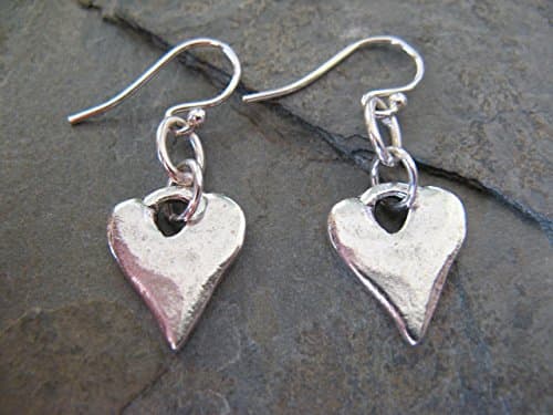 Artisan Rustic Heart Dangling Earrings on Sterling Silver Earring Wires