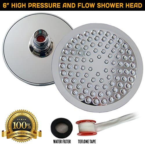 High Pressure and Flow Shower Head – 6” Round Powerful Chrome ShowerHead with Removable Water Restrictor and Free Teflon Tape