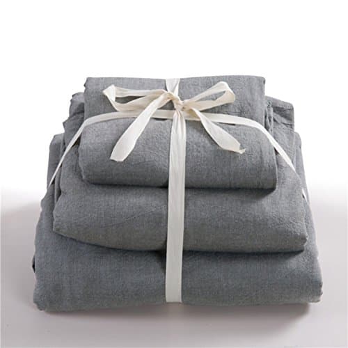 Hyam 100% Natural Washed Cotton Solid Color Plaid Stripe Duvet Cover Sets with Additional Free Fitted Sheet As Gift - 100% One Year Quality Guarantee (Full, Dark Grey)