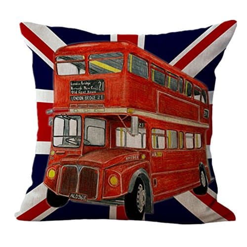 VVLuck Animal Printed Decorative Stuffed Cushion Square Shaped Pillow Case Hidden Zippered Cushion Cover Cotton Linen Throw Pillow Case for Kids Adults Home Decoration London Bus 18"x18"