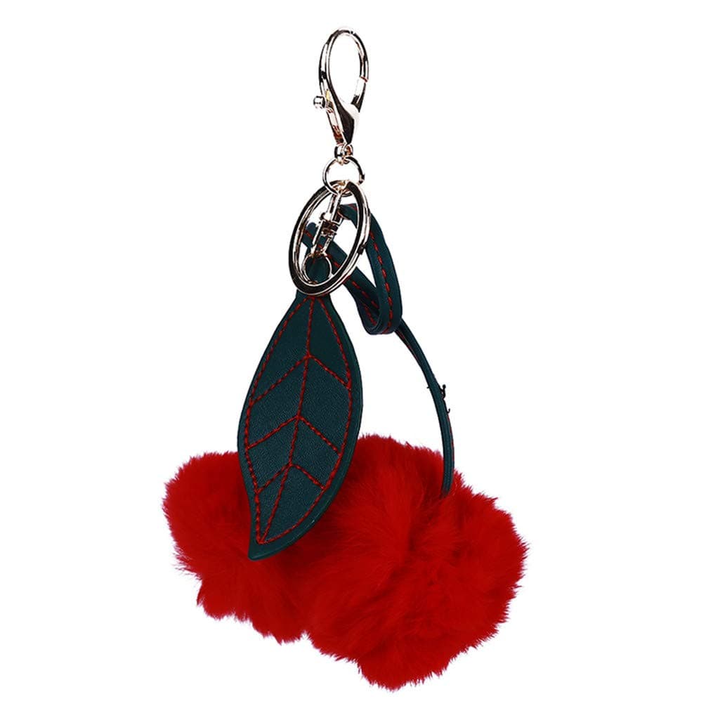 LANWF Cute Cherry Leaves Keychain Pendant Key Ring Pompoms Key Chains Pendant Ornament Accessories for Women,Red