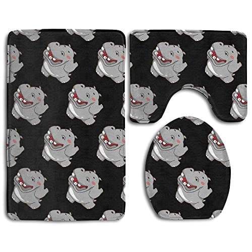 SWSW Cute Hippo Cartoon Pattern 3 Piece Bathroom Rug Set Bath Mat, Contour Rug, Toilet Lid Cover