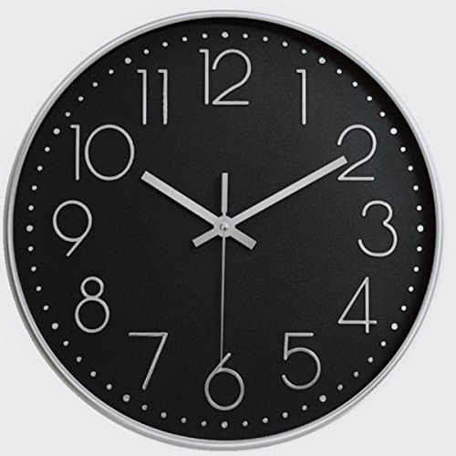 12” Universal Silent Wall Clock Non-Ticking Mute Easy to Read attery Operated Fashion Quartz Plastic Frame Glass Cover For Home Office School (Black & Silver)