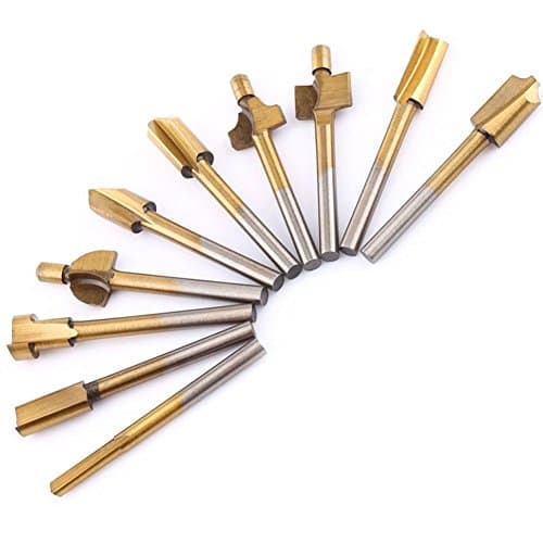 Migiwata Titanium Coated High Speed Steel Router Drill Bits Set of 10pcs for Inlaying and Mortising Work to Fit Rotary Tools of Dremel, Craftsman and Chicago, etc.