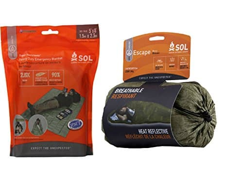 Survive Outdoors Longer Essential Bundle. Contains 1 SOL Escape Bivvy (OD Green) and 1 SOL Heavy Duty Emergency Blanket