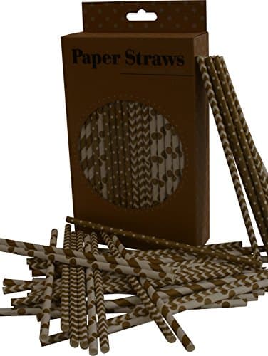 Paper Straws, Biodegradable, Sparkling Gold color with different designs, Box of 144 straws