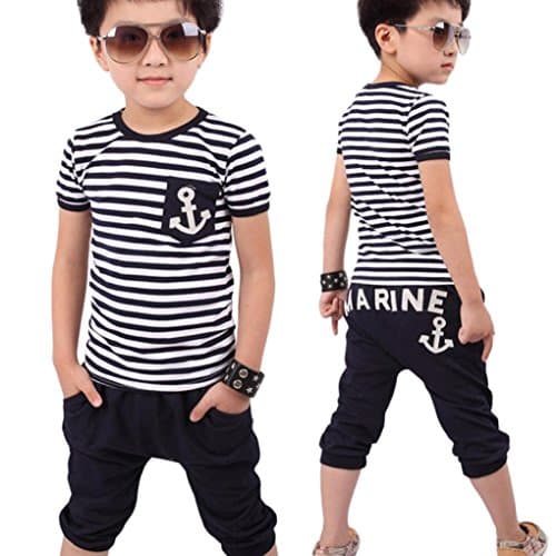 BUBA Kid Boy Navy Stripe Clothes Set,1PC Tops&Pants(7 day arrived) (100, Blue)