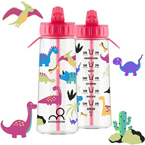 HYDRATEM8 Pink Kids Water Bottle ‘Dinosaurs’ with Hydration Tracker 600ml, BPA Free