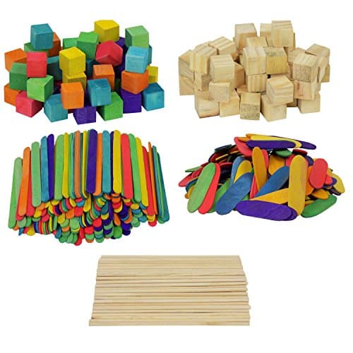 Wooden Craft Colored and Natural Square Cube Blocks and Sticks Bundle