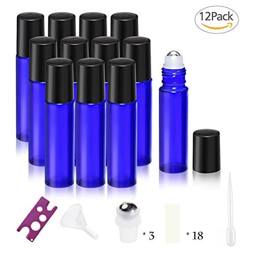 Glass Roller Bottles - 5ml, 12 Pack, Super Thick, Cobalt Blue by Sunshinny, Stainless Extra Steel Roller Balls, Metal Essential Oil Opener, Droppers, Funnel and Labels Included