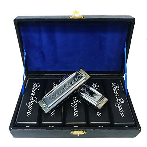 Harmonica 5 Piece Set With Case By Blues Bayou. In Keys Of A, C, D, E, G. Packaged In A Wooden Box With Individual Cases For Each 10 Hole Diatonic Harmonica.