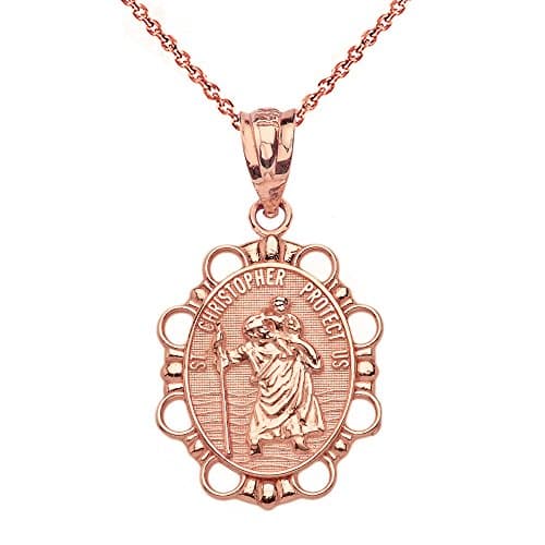 Solid 14k Rose Gold St Christopher Medal Catholic Charm Traveler Protection Necklace