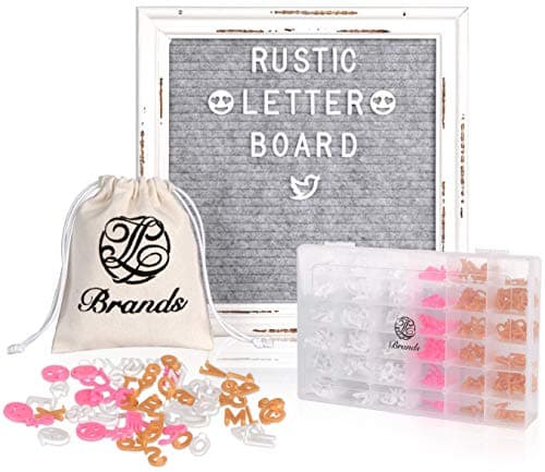 Letter Board - Farmhouse Rustic White Wood, Sorting Tray, 525 Precut White, Pink, Gold Letters, Numbers, Emojis, Gray Felt 10x10 Antique Vintage Frame, Changeable Message, Stand, Cotton Bag JL Brands