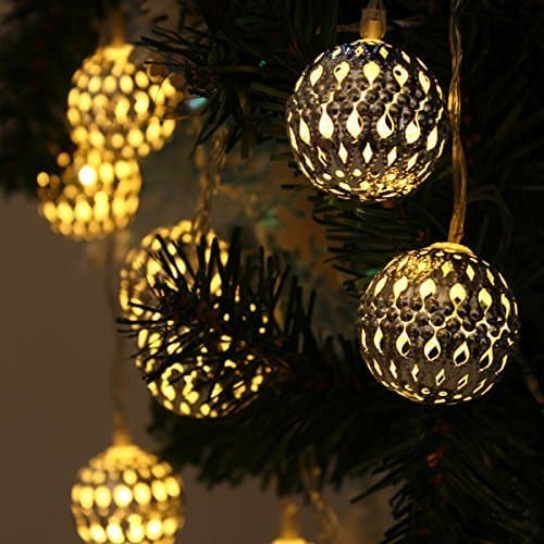 JVJ 12 LEDs LED 2 Modes Solar Light Yellow Warm White Moroccan Metal Globe Lanterns Tree Ornament for Outdoor, Gardens, Homes, Wedding, Party Christmas Waterproof