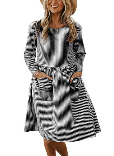 Anloli Women's Striped Printed Short Sleeve V Neck Button Down Loose Midi Dress