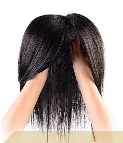 Moreal 4.3" x 4.3" Mono Topper Side Bangs Straight Human Hair Top Piece, Clip in Crown Topper Closure Coverage for Women Crown Hair Loss (8" Dark Brown)