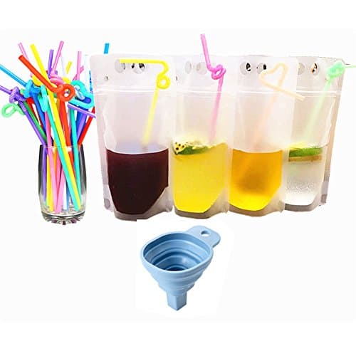 ANTFEES 50 PCS Disposable Drink Container Set for Outdoor Sport Hiking,Reclosable Zipper Stand-up Plastic Pouches Bags For Cold & Hot Drinking with Straws & Funnel
