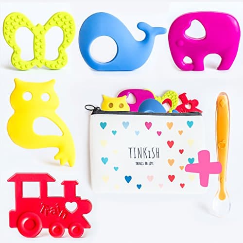 Baby teethers BPA free-5 must have baby teethers toys, food grade silicone,non-toxic hygienic. stylish & fun vibrant colors in a gift bag. free bonus! soft feeding spoon By Tinkish