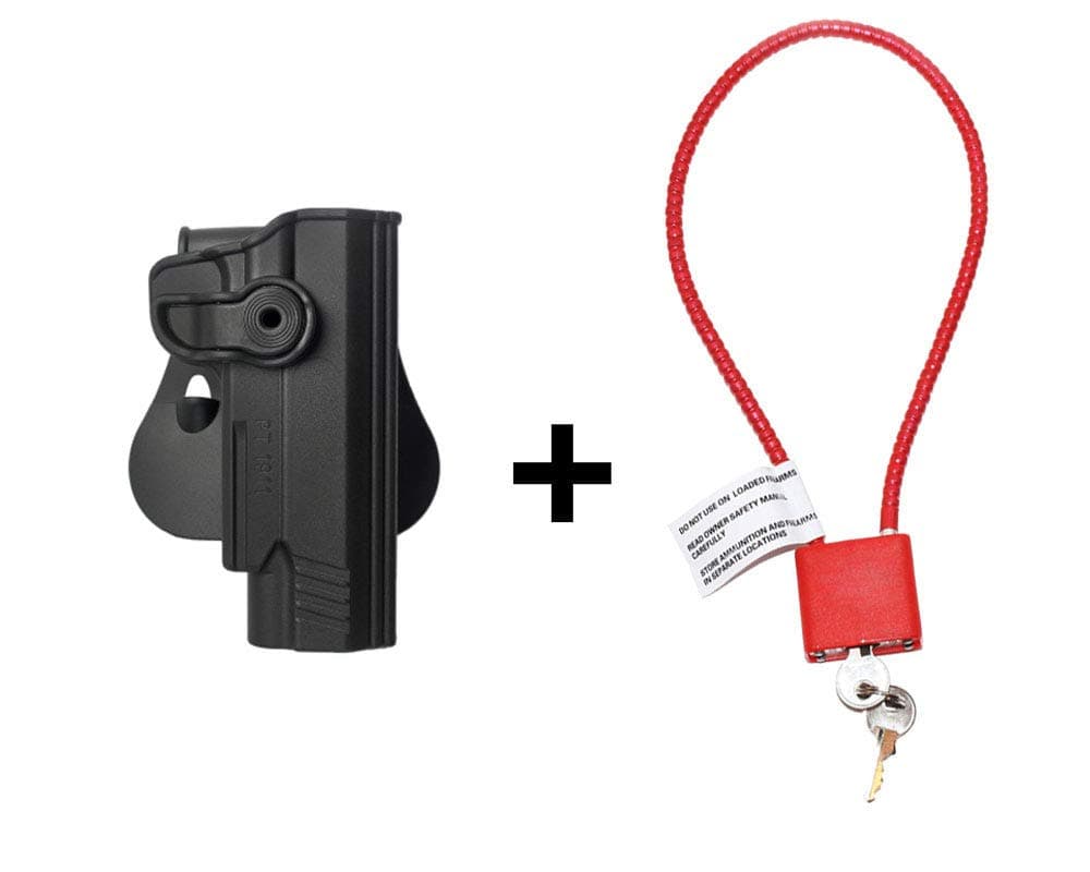 IMI Taurus PT1911 Holster & Cable Gun Lock, Level 2 Safety retention w trigger guard lock, 360 roto paddle polymer Holster Fits PT1911 & PT1911 with rail